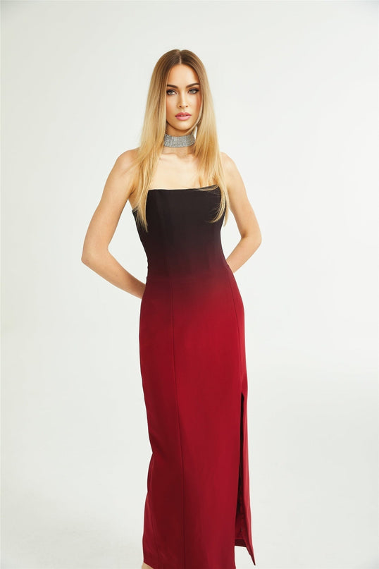 Taliyah Red Gradient Off-shoulder Maxi Dress 100% Polyester luxury modern twist refined refinement elegance allure statement grace allure eye-catching captivating enchanting sophisticated allure flowing seamless fit rear zip fastening side slit American English SEO-optimized image alt text
