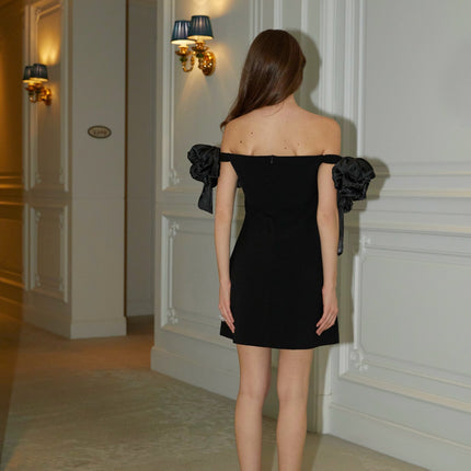 Tamara Black Sleeveless Mini Dress with Faux-Flower Detailing