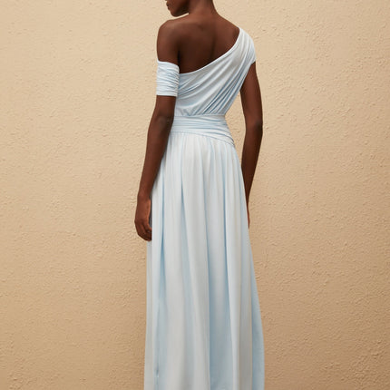 Tamara Blue Maxi Dress One-Shoulder Ruched Waist Pleated Skirt Sleeveless Elegant Asymmetrical Design Terylene Elastane Blend
