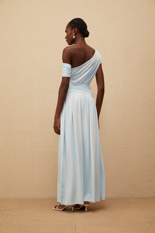 Tamara Blue Maxi Dress One-Shoulder Ruched Waist Pleated Skirt Sleeveless Elegant Asymmetrical Design Terylene Elastane Blend