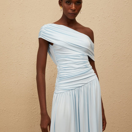 Tamara Blue One-Shoulder Maxi Dress with Ruched Detailing and Pleated Skirt