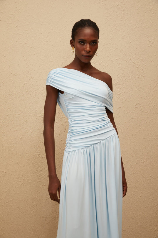 Tamara Blue One-Shoulder Maxi Dress with Ruched Detailing and Pleated Skirt