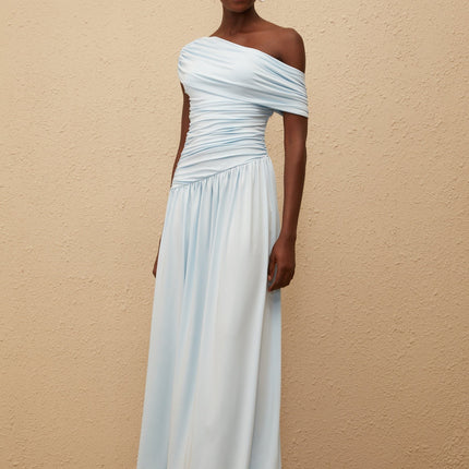 Tamara Blue Maxi Dress One-Shoulder Ruched Waist Pleated Skirt Sleeveless Asymmetrical Design