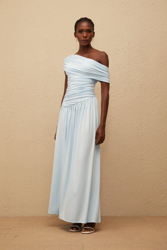 Tamara Blue Maxi Dress One-Shoulder Ruched Waist Pleated Skirt Sleeveless Asymmetrical Design