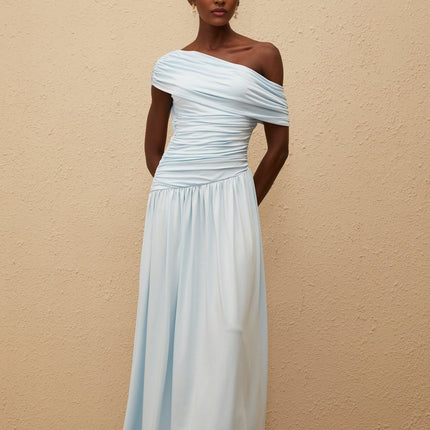 Tamara Blue Maxi Dress One Shoulder Ruched Waist Pleated Skirt Sleeveless Elegant Asymmetrical Design
