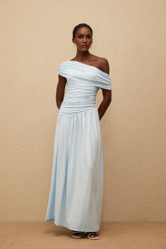 Tamara Blue Maxi Dress One Shoulder Ruched Waist Pleated Skirt Sleeveless Elegant Asymmetrical Design