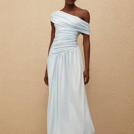 Tamara Blue One-Shoulder Maxi Dress with Ruched Waist and Pleated Skirt