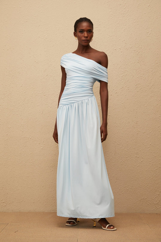 Tamara Blue One-Shoulder Maxi Dress with Ruched Waist and Pleated Skirt
