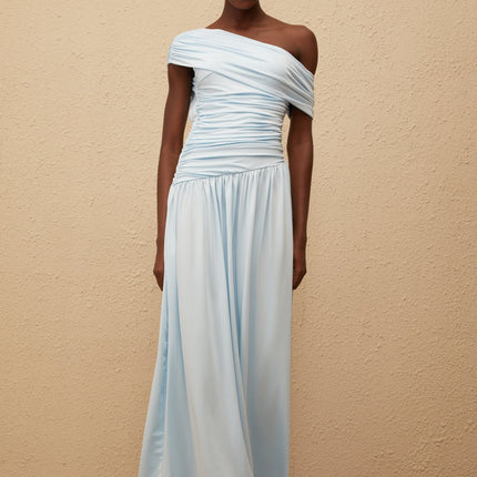 Tamara Maxi Dress in Serene Baby Blue One-Shoulder Asymmetrical Design Ruched Waistline Pleated Skirt Sleeveless Luxurious Blend of Terylene and Elastane Elegant Statement Piece