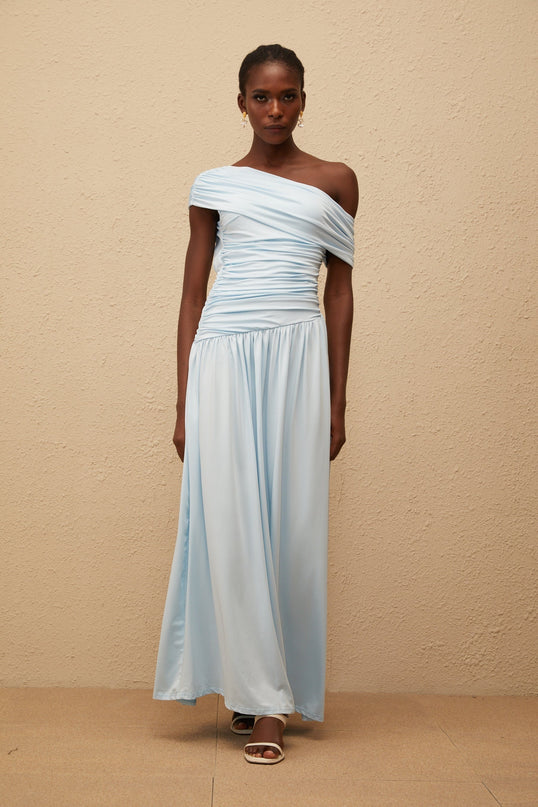 Tamara Maxi Dress in Serene Baby Blue One-Shoulder Asymmetrical Design Ruched Waistline Pleated Skirt Sleeveless Luxurious Blend of Terylene and Elastane Elegant Statement Piece