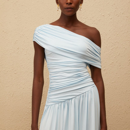 Tamara Maxi Dress in Serene Baby Blue One-Shoulder Silhouette Ruched Waist Pleated Skirt Sleeveless Luxurious Blend Elegant Chic Statement Piece Asymmetrical Design