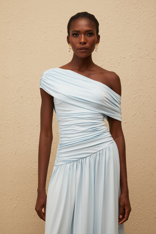 Tamara Maxi Dress in Serene Baby Blue One-Shoulder Silhouette Ruched Waist Pleated Skirt Sleeveless Luxurious Blend Elegant Chic Statement Piece Asymmetrical Design