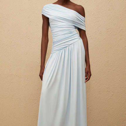 Tamara Maxi Dress in Serene Blue One-Shoulder Silhouette Ruched Detailing Pleated Skirt Sleeveless Luxurious Blend