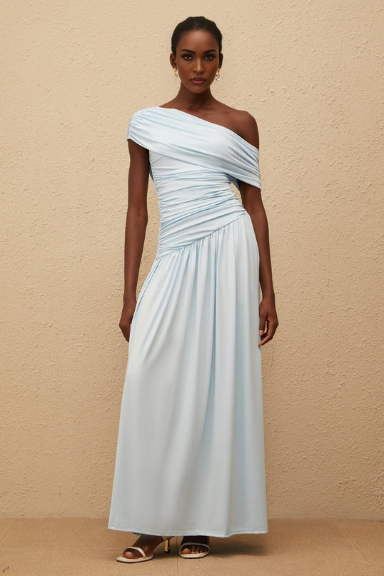 Tamara Maxi Dress in Serene Blue One-Shoulder Silhouette Ruched Detailing Pleated Skirt Sleeveless Luxurious Blend