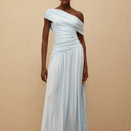 Tamara Maxi Dress in Serene Blue One-Shoulder Silhouette Ruched Detailing Pleated Skirt Sleeveless Luxurious Blend