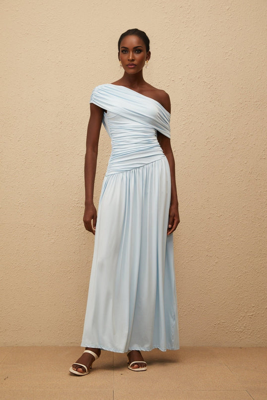 Tamara Maxi Dress in Serene Blue One-Shoulder Silhouette Ruched Detailing Pleated Skirt Sleeveless Luxurious Blend