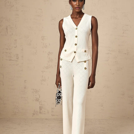 Tamara White Knitted Matching Set Top Trousers