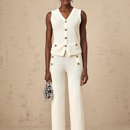 Tamara White Knitted Matching Set Top Trousers V Neck Sleeveless Wide Leg Silhouette Buttons Polyamide Cotton Elastane Elegant Modern
