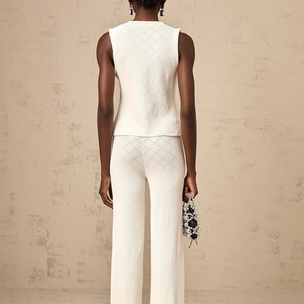 Tamara White Knitted Matching Set Top Trousers V Neck Sleeveless Faux Pockets Wide Leg Silhouette Decorative Buttons Luxurious Blend Comfortable Fit Elegant Modern Must-Have Wardrobe