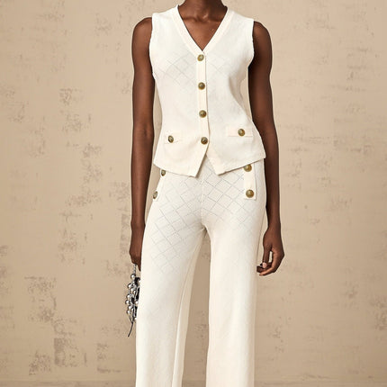 Tamara White Knitted Matching Set Top Trousers V Neck Sleeveless Faux Pockets Wide Leg Silhouette Decorative Buttons Polyamide Cotton Elastane Elegant Modern