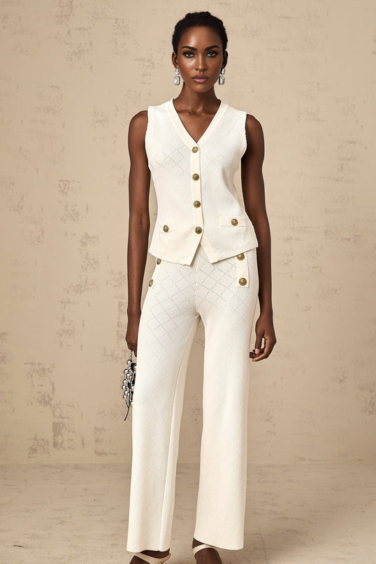 Tamara White Knitted Matching Set Top Trousers V Neck Sleeveless Faux Pockets Wide Leg Silhouette Decorative Buttons Polyamide Cotton Elastane Elegant Modern