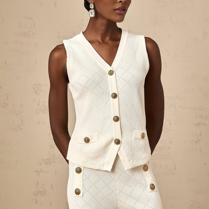 Tamara White Knitted Matching Set Top Trousers V Neck Sleeveless Wide Leg Silhouette Faux Pockets Decorative Buttons Luxury Blend Comfortable Fit Elegant Modern