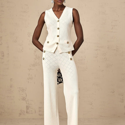 Tamara White Knitted Matching Set Top Trousers V Neck Sleeveless Wide Leg Silhouette