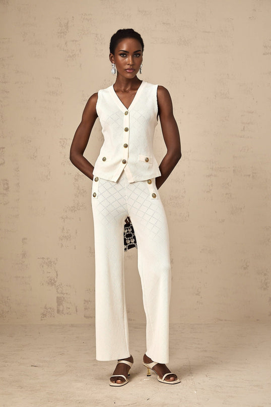 Tamara White Knitted Matching Set Top Trousers V Neck Sleeveless Wide Leg Silhouette