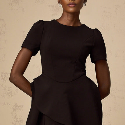 Tatiana Black Mini Dress with Cinched Waist and Ruffled Detailing