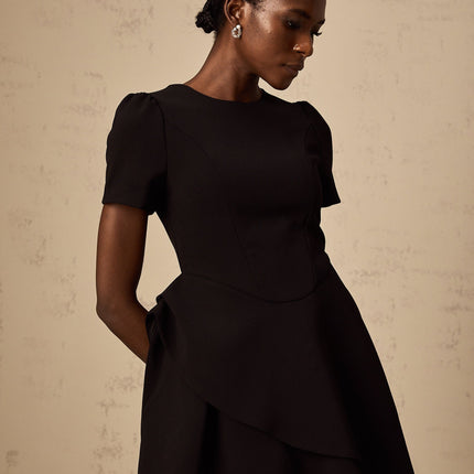 Tatiana Black Mini Dress with Cinched Waist and Puff Skirt