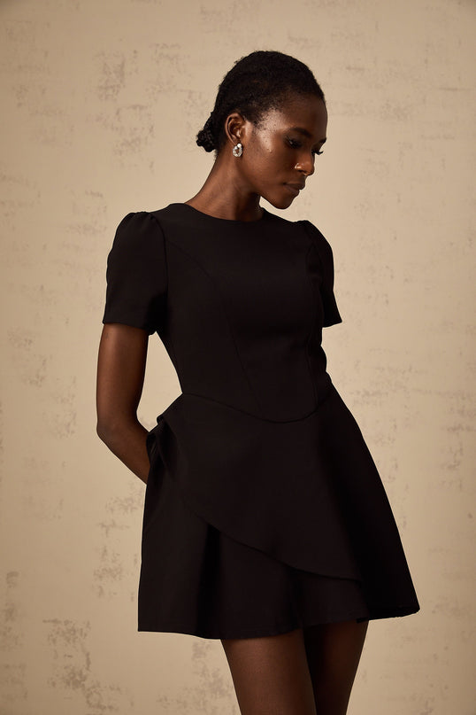 Tatiana Black Mini Dress with Cinched Waist and Puff Skirt