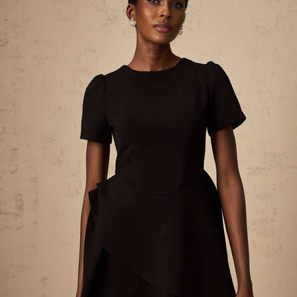 Tatiana Black Mini Dress with Cinched Waist and Ruffled Detailing