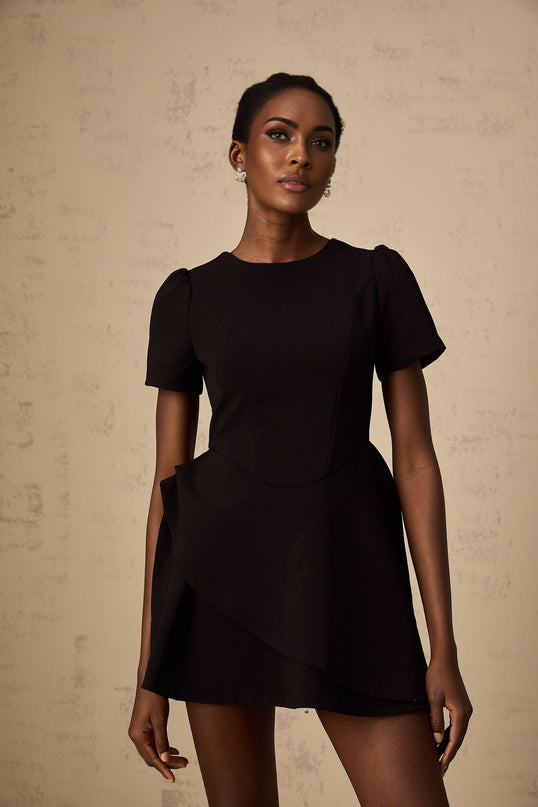Tatiana Black Mini Dress with Cinched Waist and Ruffled Detailing