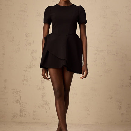 Tatiana Black Mini Dress with Cinched Waist and Puff Skirt