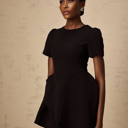 Tatiana Black Mini Dress with Cinched Waist and Ruffled Detailing