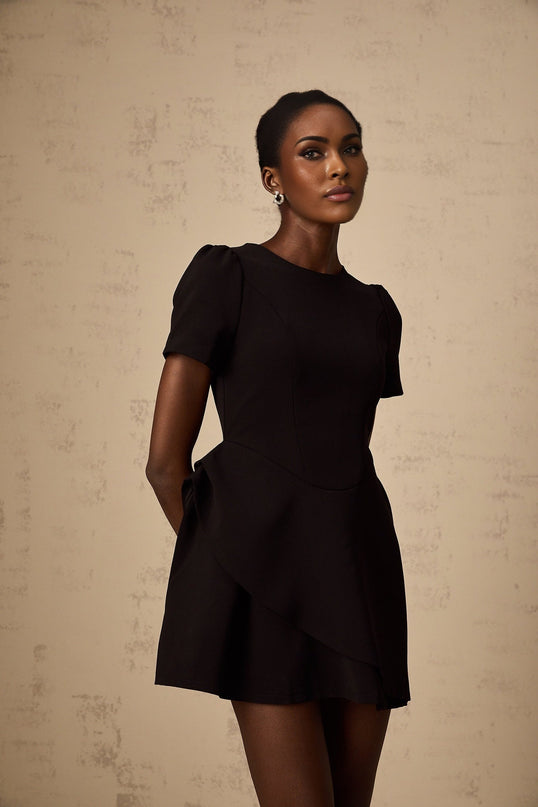 Tatiana Black Mini Dress with Cinched Waist and Puff Skirt