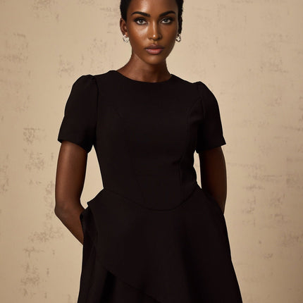 Tatiana Black Mini Dress with Cinched Waist and Ruffled Detailing