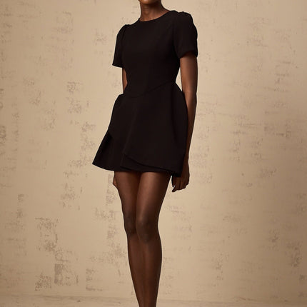 Tatiana Black Mini Dress with Cinched Waist and Ruffled Detailing