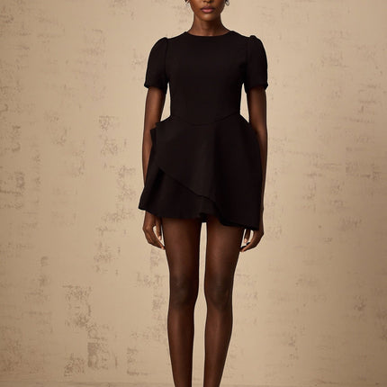 Tatiana Black Mini Dress with Cinched Waist and Ruffled Detailing