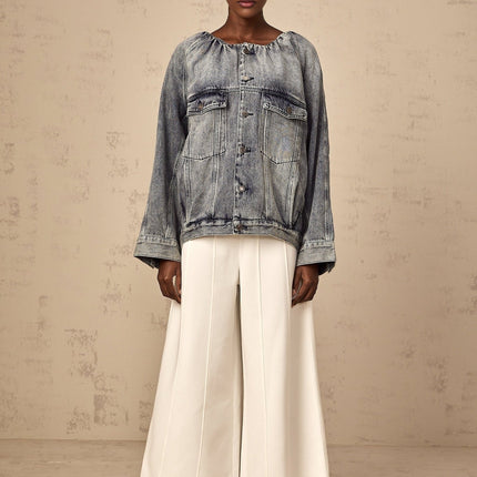 Tatiana Blue Cotton Jacket with Faded Effect and Shirred Detail