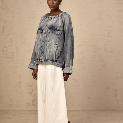 Tatiana Blue Cotton Jacket with Faded Effect and Shirred Detail