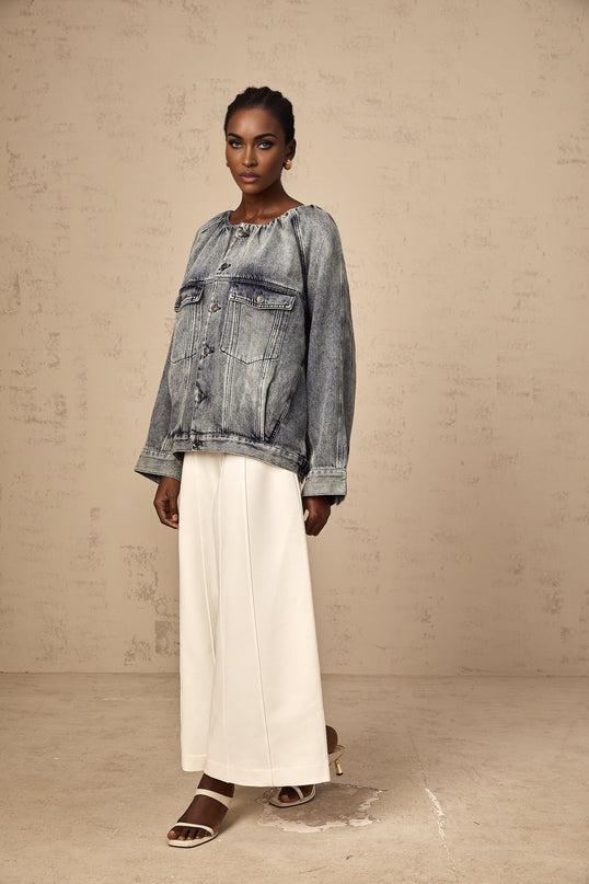 Tatiana Blue Cotton Jacket with Faded Effect and Shirred Detail