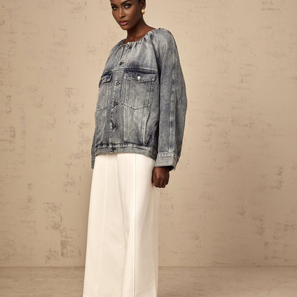 Tatiana Blue Cotton Jacket with Faded Effect and Shirred Detail