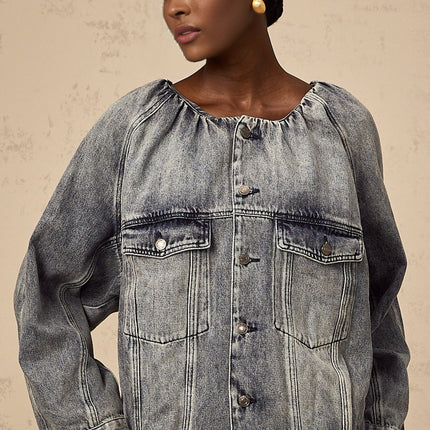 Tatiana Blue Cotton Jacket with Faded Effect and Shirred Detail