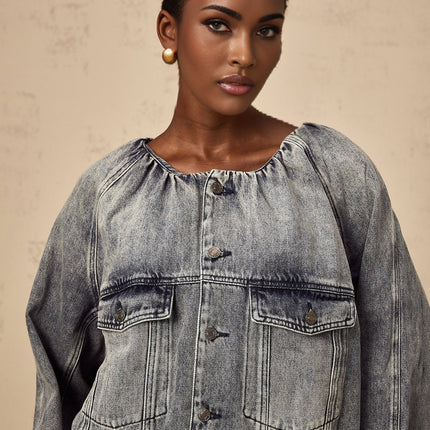 Tatiana Blue Cotton Jacket with Faded Effect and Shirred Detail