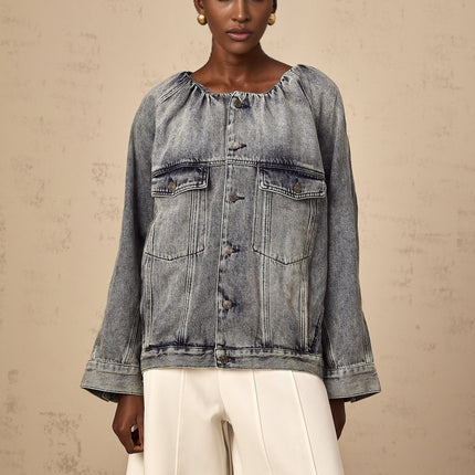 Tatiana Blue Cotton Jacket Faded Effect Shirred Detail Long Sleeves Buttoned Cuffs Flap Pockets