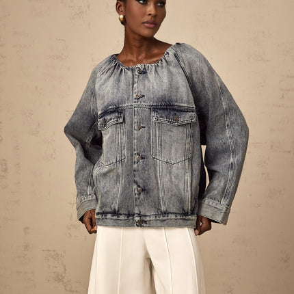 Tatiana Blue Cotton Jacket with Faded Effect and Shirred Detail