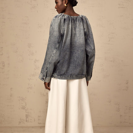 Tatiana Blue Cotton Jacket Faded Effect Shirred Detail Buttoned Cuffs Front Flap Pockets