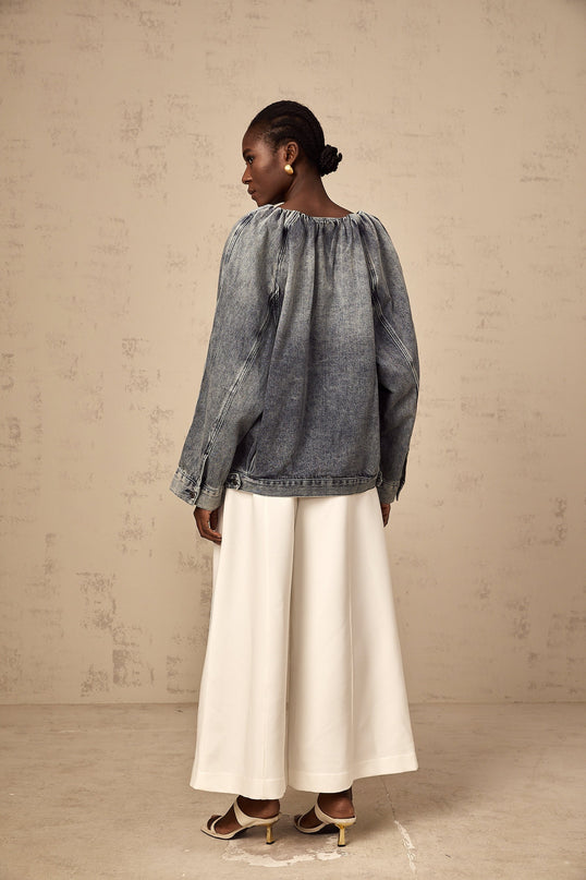 Tatiana Blue Cotton Jacket Faded Effect Shirred Detail Buttoned Cuffs Front Flap Pockets