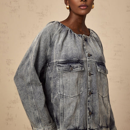 Tatiana Blue Cotton Jacket with Faded Effect and Shirred Detail